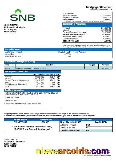 Saudi Arabia Saudi National Bank mortgage statement